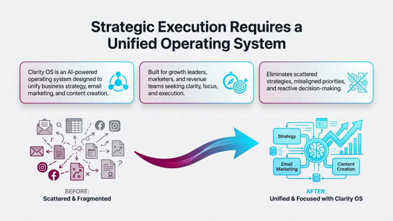 Diagram showing Clarity OS as the centre of strategic execution across growth systems
