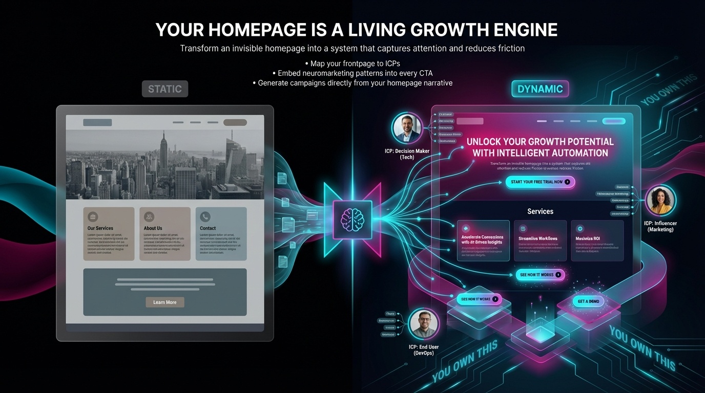 Illustration of a homepage as a living growth engine powered by Clarity OS